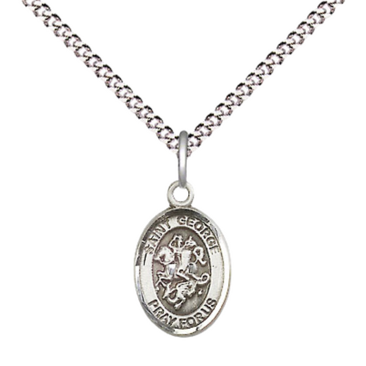 Small Sized Women's .925 Sterling Silver Saint St. George Medal Pendant on 18 Inch Rhodium Plated Lite Curb Brass Chain with Lobster Claw Clasp, Catholic Religious Necklace - Made in USA- Velvet Gift Box