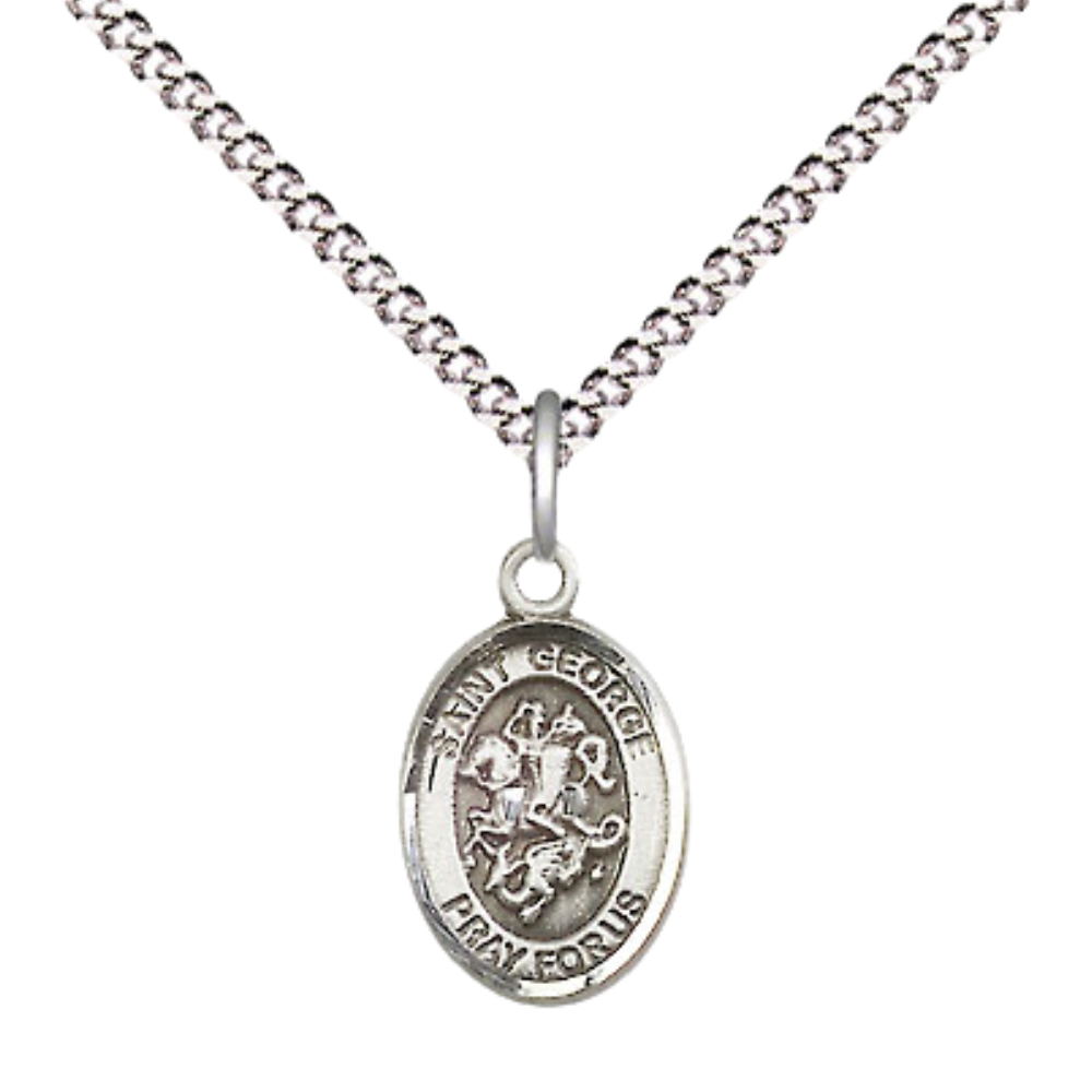 Small Sized Pewter Saint St. George Medal Pendant on 18 Inch Rhodium Plated Lite Curb Brass Chain with Lobster Claw Clasp, Catholic Religious Necklace - Made in USA- Velvet Gift Box