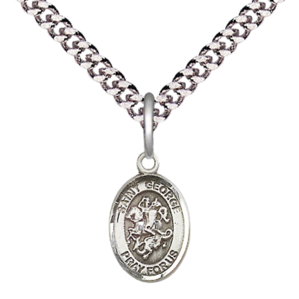 Small Sized Men's Pewter Saint St. George Medal Pendant on 24 Inch Endless Rhodium Plated Heavy Curb Brass Chain, Catholic Religious Necklace - Made in USA- Deluxe Velvet Gift Box