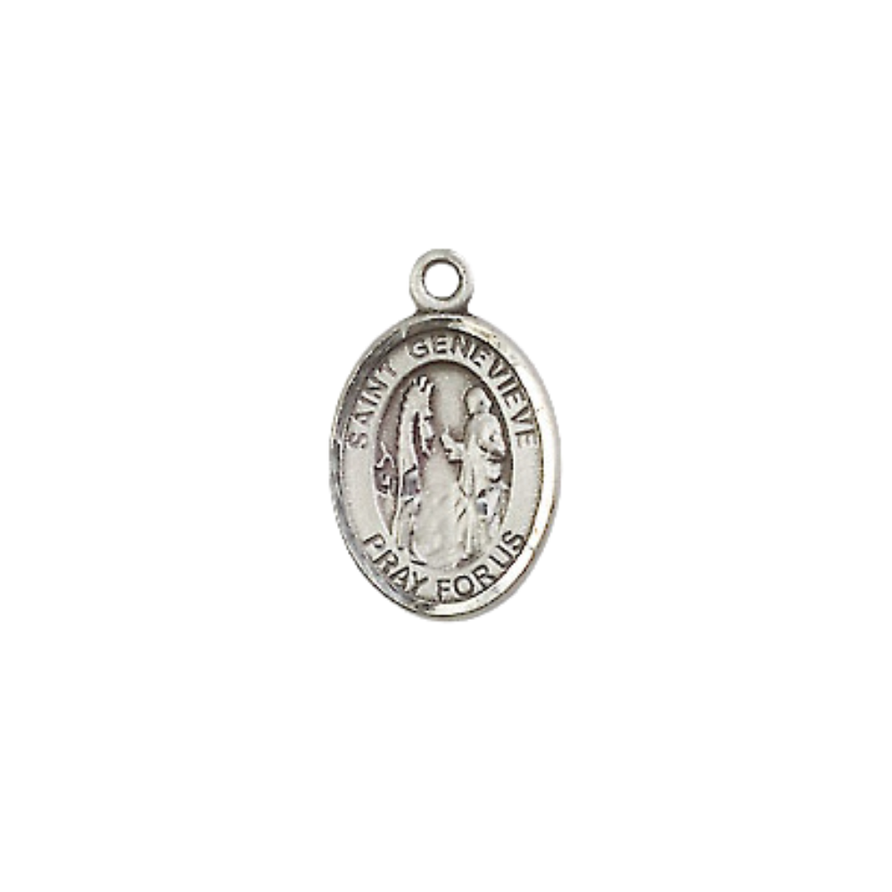 Small Sized Women's Pewter Saint St. Genevieve Medal Pendant on 18 Inch Rhodium Plated Lite Curb Brass Chain with Lobster Claw Clasp, Catholic Religious Necklace - Made in USA- Velvet Gift Box