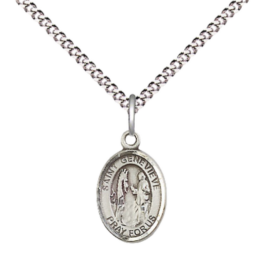 Small Sized Women's Pewter Saint St. Genevieve Medal Pendant on 18 Inch Rhodium Plated Lite Curb Brass Chain with Lobster Claw Clasp, Catholic Religious Necklace - Made in USA- Velvet Gift Box