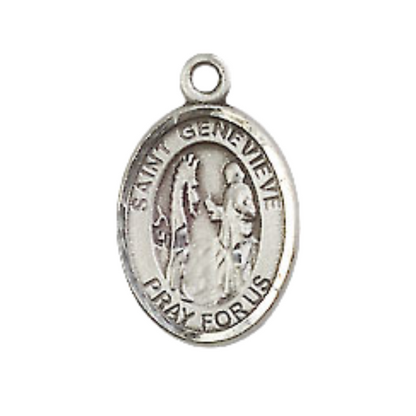 Small Sized Men's Pewter Saint St. Genevieve Medal Pendant on 24 Inch Endless Rhodium Plated Heavy Curb Brass Chain, Catholic Religious Necklace - Made in USA- Deluxe Velvet Gift Box