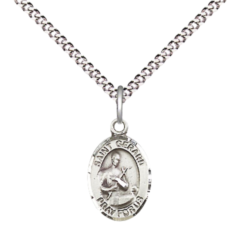 Small Sized .925 Sterling Silver Saint St. Gerard Majella Medal Pendant on 18 Inch Rhodium Plated Lite Curb Brass Chain with Lobster Claw Clasp, Catholic Religious Necklace - Made in USA- Velvet Gift Box
