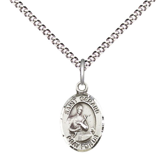 Small Sized Women's Pewter Saint St. Gerard Majella Medal Pendant on 18 Inch Rhodium Plated Lite Curb Brass Chain with Lobster Claw Clasp, Catholic Religious Necklace - Made in USA- Velvet Gift Box
