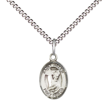 Small Sized Women's Pewter Saint St. Helen Medal Pendant on 18 Inch Rhodium Plated Lite Curb Brass Chain with Lobster Claw Clasp, Catholic Religious Necklace - Made in USA- Velvet Gift Box