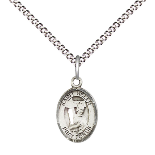 Small Sized Women's .925 Sterling Silver Saint St. Helen Medal Pendant on 18 Inch Rhodium Plated Lite Curb Brass Chain with Lobster Claw Clasp, Catholic Religious Necklace - Made in USA- Velvet Gift Box