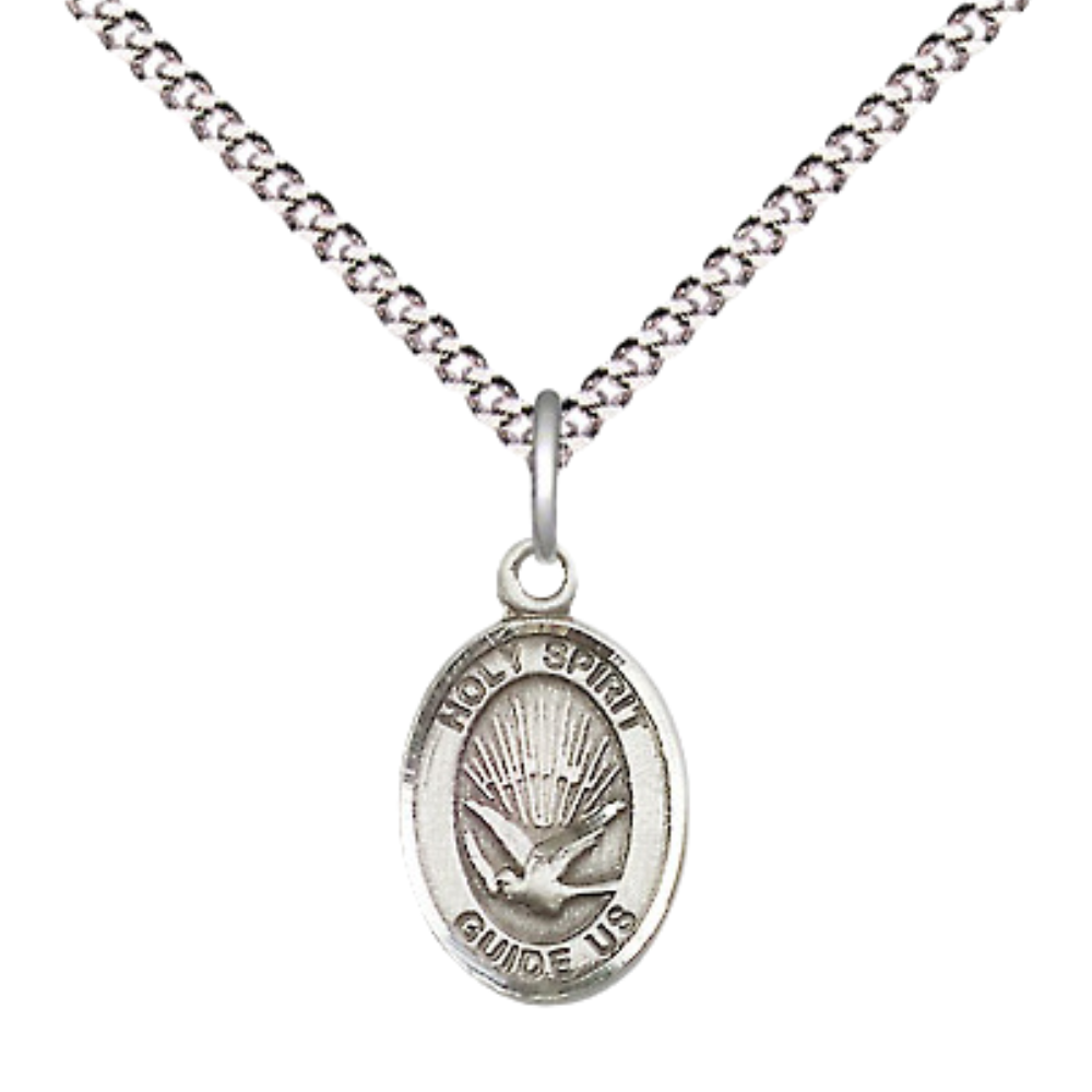 Small Sized Women's Pewter Holy Spirit Medal Pendant on 18 Inch Rhodium Plated Lite Curb Brass Chain with Lobster Claw Clasp, Catholic Religious Necklace - Made in USA- Velvet Gift Box