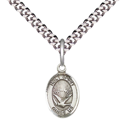 Everlasting Light Jewelry Small Sized Men's Pewter Holy Spirit Medal Pendant on 24 Inch Endless Rhodium Plated Heavy Curb Brass Chain, Catholic Religious Necklace - Made in USA- Deluxe Velvet Gift Box