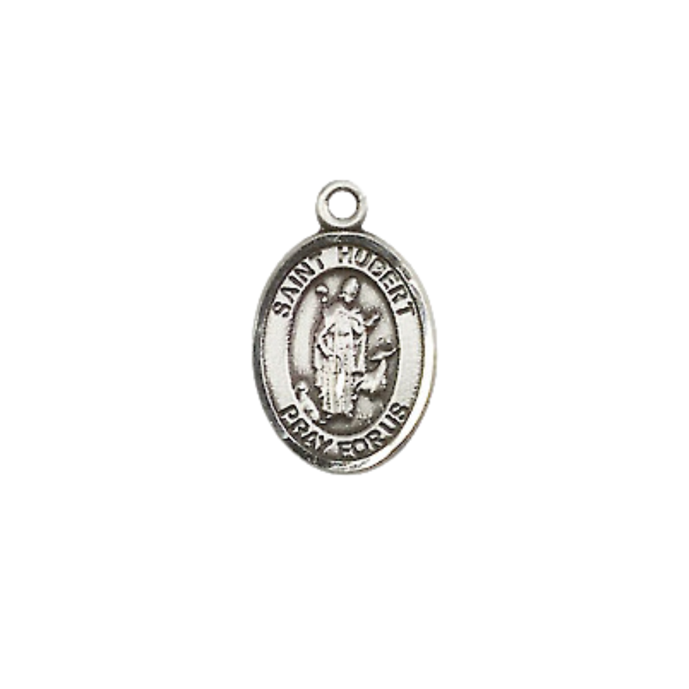 Small Sized Women's .925 Sterling Silver Saint St. Hubert of Liege Medal Pendant on 18 Inch Rhodium Plated Lite Curb Brass Chain with Lobster Claw Clasp, Catholic Religious Necklace - Made in USA- Velvet Gift Box