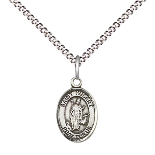 Small Sized Women's Pewter Saint St. Hubert of Liege Medal Pendant on 18 Inch Rhodium Plated Lite Curb Brass Chain with Lobster Claw Clasp, Catholic Religious Necklace - Made in USA- Velvet Gift Box