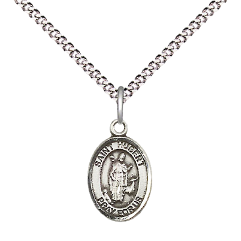 Small Sized Women's Pewter Saint St. Hubert of Liege Medal Pendant on 18 Inch Rhodium Plated Lite Curb Brass Chain with Lobster Claw Clasp, Catholic Religious Necklace - Made in USA- Velvet Gift Box