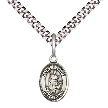 Small Sized Men's Pewter Saint St. Hubert of Liege Medal Pendant on 24 Inch Endless Rhodium Plated Heavy Curb Brass Chain, Catholic Religious Necklace - Made in USA- Deluxe Velvet Gift Box