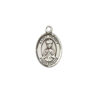 Small Sized Women's Pewter Saint St. Henry II Medal Pendant on 18 Inch Rhodium Plated Lite Curb Brass Chain with Lobster Claw Clasp, Catholic Religious Necklace - Made in USA- Velvet Gift Box