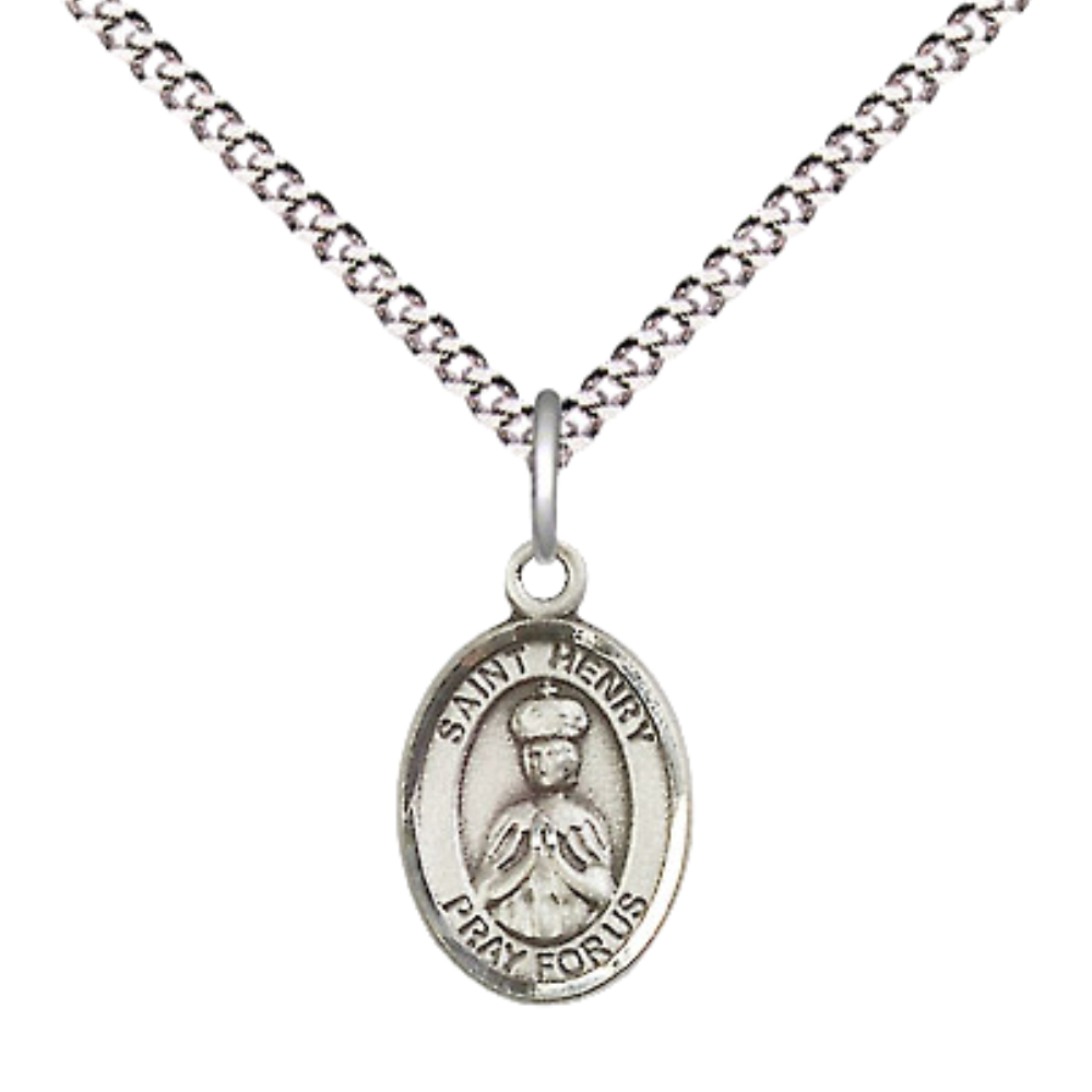 Small Sized Women's Pewter Saint St. Henry II Medal Pendant on 18 Inch Rhodium Plated Lite Curb Brass Chain with Lobster Claw Clasp, Catholic Religious Necklace - Made in USA- Velvet Gift Box
