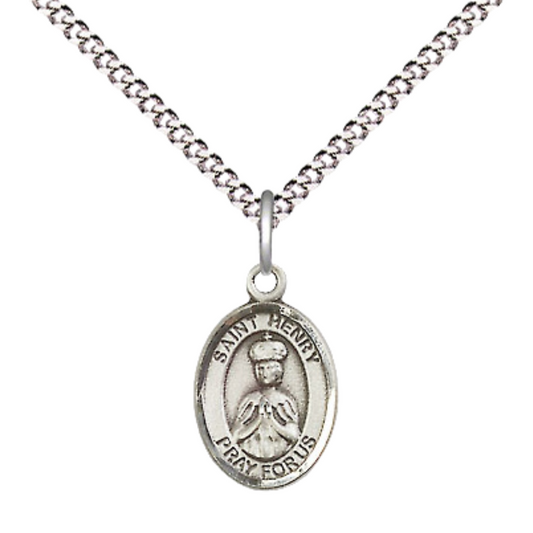 Small Sized Women's Pewter Saint St. Henry II Medal Pendant on 18 Inch Rhodium Plated Lite Curb Brass Chain with Lobster Claw Clasp, Catholic Religious Necklace - Made in USA- Velvet Gift Box