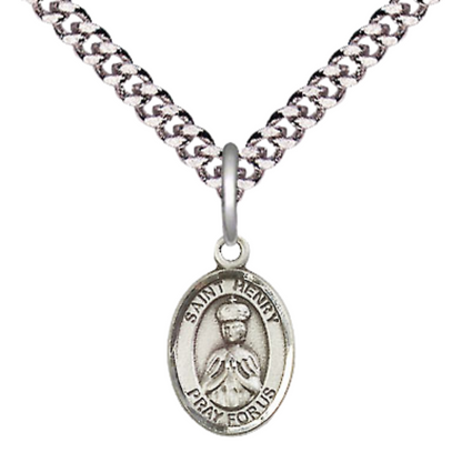 Small Sized Men's Pewter Saint Henry II Medal Pendant on 24 Inch Endless Rhodium Plated Heavy Curb Brass Chain, Catholic Religious Necklace -Made in USA- Deluxe Velvet Gift Box