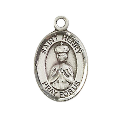 Small Sized Men's Pewter Saint Henry II Medal Pendant on 24 Inch Endless Rhodium Plated Heavy Curb Brass Chain, Catholic Religious Necklace -Made in USA- Deluxe Velvet Gift Box