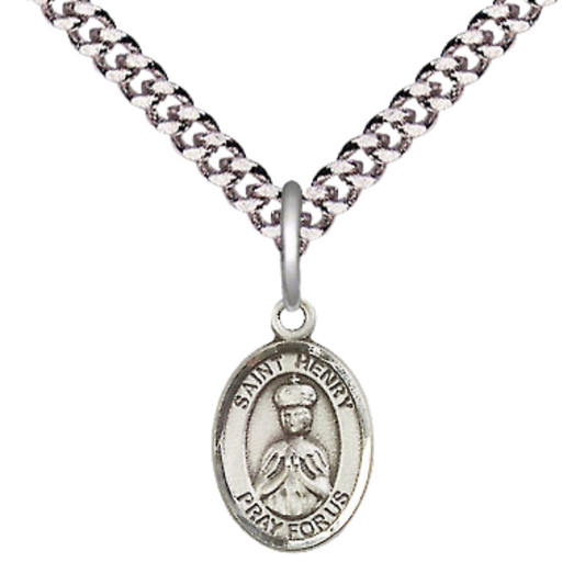 Small Sized Men's .925 Sterling Silver Saint St. Henry II Medal Pendant on 24 Inch Endless Rhodium Plated Heavy Curb Brass Chain, Catholic Religious Necklace - Made in USA- Deluxe Velvet Gift Box