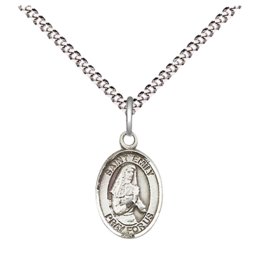 Small Sized Women's .925 Sterling Silver Saint St. Emily de Vialar Medal Pendant on 18 Inch Rhodium Plated Lite Curb Brass Chain with Lobster Claw Clasp, Catholic Religious Necklace - Made in USA- Velvet Gift Box