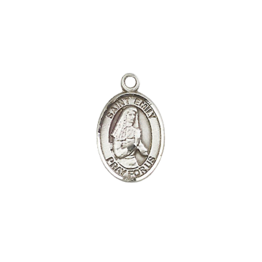 Small Sized Women's .925 Sterling Silver Saint St. Emily de Vialar Medal Pendant on 18 Inch Rhodium Plated Lite Curb Brass Chain with Lobster Claw Clasp, Catholic Religious Necklace - Made in USA- Velvet Gift Box