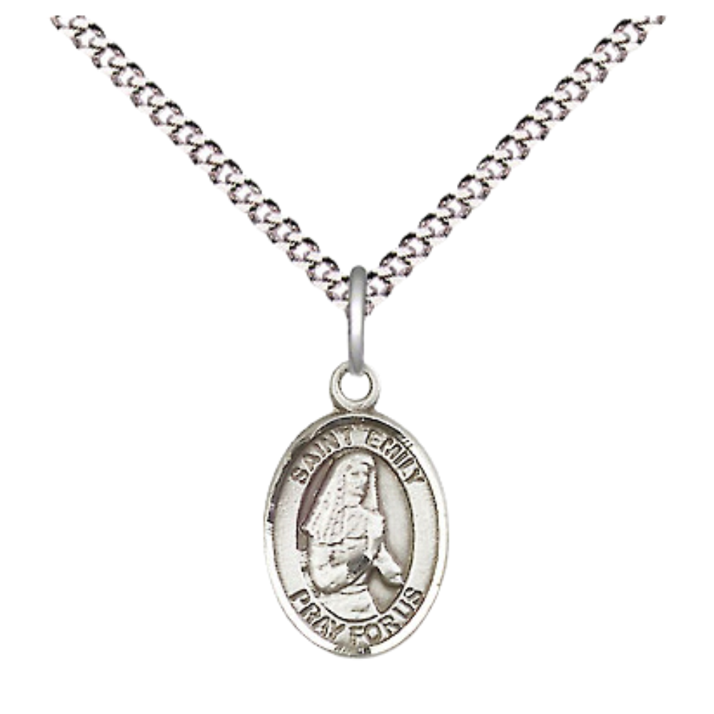 Small Sized Women's Pewter Saint St. Emily de Vialar Medal Pendant on 18 Inch Rhodium Plated Lite Curb Brass Chain with Lobster Claw Clasp, Catholic Religious Necklace - Made in USA- Velvet Gift Box
