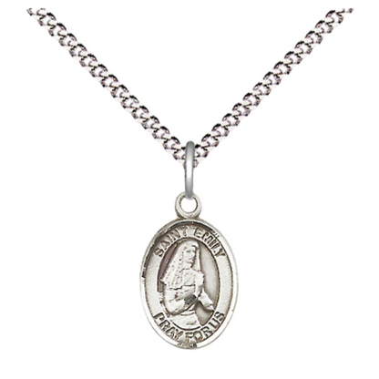 Small Sized Women's Pewter Saint St. Emily de Vialar Medal Pendant on 18 Inch Rhodium Plated Lite Curb Brass Chain with Lobster Claw Clasp, Catholic Religious Necklace - Made in USA- Velvet Gift Box