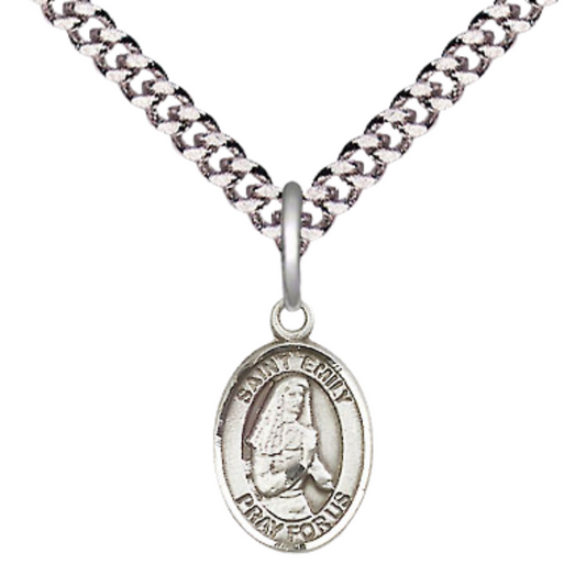 Small Sized Men's Pewter Saint St. Emily de Vialar Medal Pendant on 24 Inch Endless Rhodium Plated Heavy Curb Brass Chain, Catholic Religious Necklace - Made in USA- Deluxe Velvet Gift Box