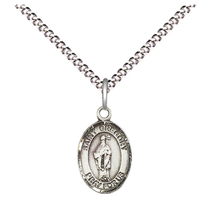 Small Sized Women's Pewter Saint Gregory the Great Medal Pendant on 18 Inch Rhodium Plated Lite Curb Brass Chain with Lobster Claw Clasp, Catholic Religious Necklace - Made in USA- Velvet Gift Box