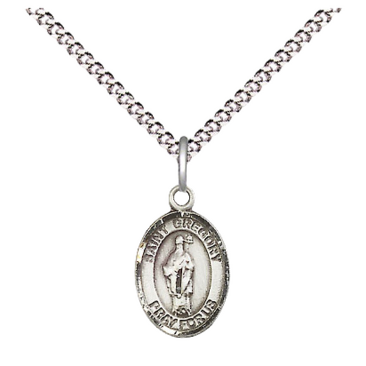 Small Sized Women's Pewter Saint Gregory the Great Medal Pendant on 18 Inch Rhodium Plated Lite Curb Brass Chain with Lobster Claw Clasp, Catholic Religious Necklace - Made in USA- Velvet Gift Box