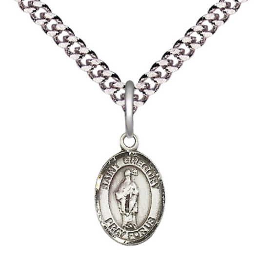 Small Sized Men's Pewter Saint St. Gregory the Great Medal Pendant on 24 Inch Endless Rhodium Plated Heavy Curb Brass Chain, Catholic Religious Necklace - Made in USA- Deluxe Velvet Gift Box