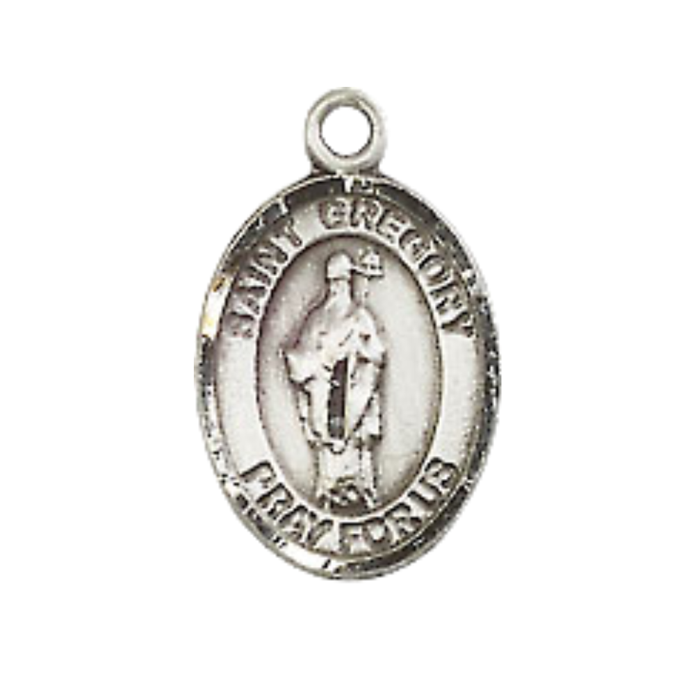 Small Sized Men's Pewter Saint St. Gregory the Great Medal Pendant on 24 Inch Endless Rhodium Plated Heavy Curb Brass Chain, Catholic Religious Necklace - Made in USA- Deluxe Velvet Gift Box