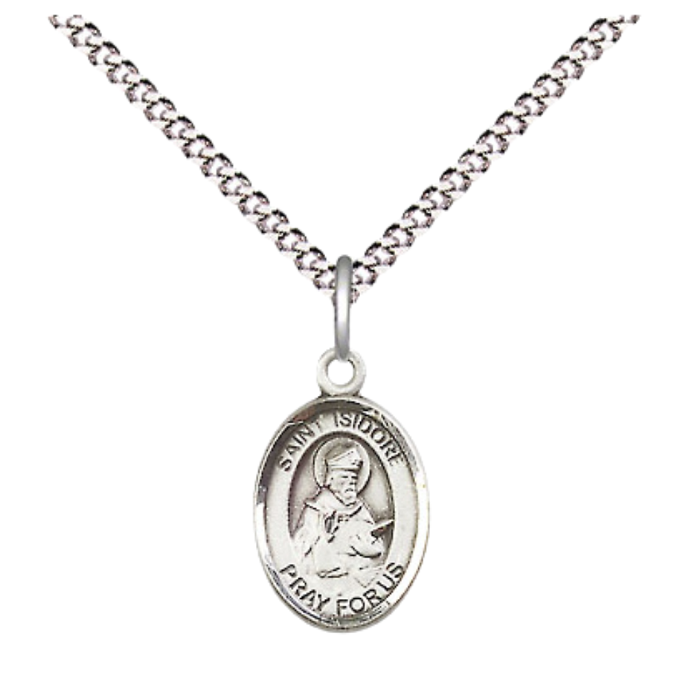 Small Sized Women's .925 Sterling Silver Saint St. Isidore of Seville Medal Pendant on 18 Inch Rhodium Plated Lite Curb Brass Chain w/ Lobster Claw Clasp, Catholic Religious Necklace - Made in USA- Velvet Gift Box