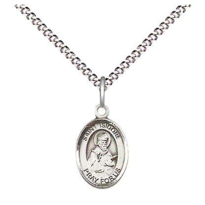 Small Sized Women's .925 Sterling Silver Saint St. Isidore of Seville Medal Pendant on 18 Inch Rhodium Plated Lite Curb Brass Chain w/ Lobster Claw Clasp, Catholic Religious Necklace - Made in USA- Velvet Gift Box