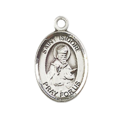 Small Sized Men's Pewter Saint St. Isidore of Seville Medal Pendant on 24 Inch Endless Rhodium Plated Heavy Curb Brass Chain, Catholic Religious Necklace - Made in USA- Deluxe Velvet Gift Box