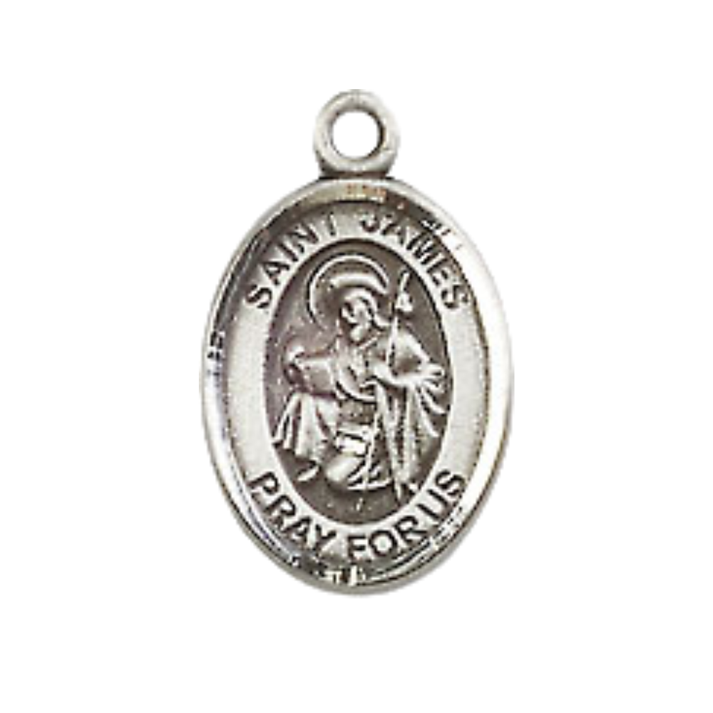 Small Sized Men's Pewter Saint St. James the Greater Medal Pendant on 24 Inch Endless Rhodium Plated Heavy Curb Brass Chain, Catholic Religious Necklace - Made in USA- Deluxe Velvet Gift Box