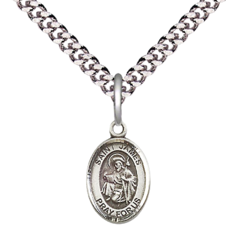 Small Sized Men's Pewter Saint St. James the Greater Medal Pendant on 24 Inch Endless Rhodium Plated Heavy Curb Brass Chain, Catholic Religious Necklace - Made in USA- Deluxe Velvet Gift Box