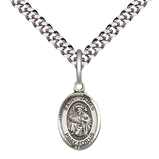 Small Sized Men's Pewter Saint St. James the Greater Medal Pendant on 24 Inch Endless Rhodium Plated Heavy Curb Brass Chain, Catholic Religious Necklace - Made in USA- Deluxe Velvet Gift Box