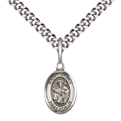 Small Sized Men's Pewter Saint St. James the Greater Medal Pendant on 24 Inch Endless Rhodium Plated Heavy Curb Brass Chain, Catholic Religious Necklace - Made in USA- Deluxe Velvet Gift Box