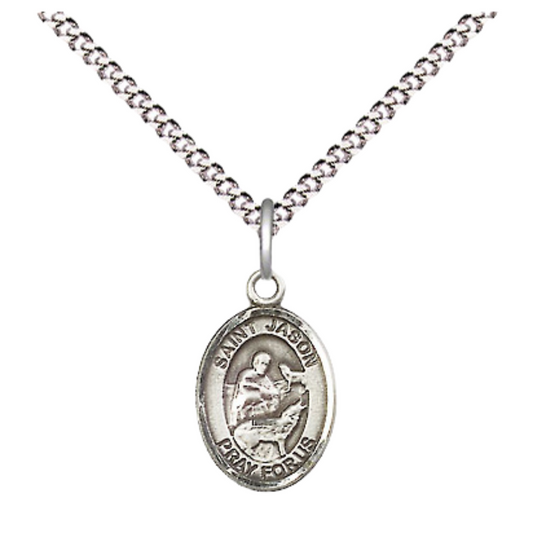Small Sized Women's Pewter Saint St. Jason Medal Pendant on 18 Inch Rhodium Plated Lite Curb Brass Chain with Lobster Claw Clasp, Catholic Religious Necklace - Made in USA- Velvet Gift Box