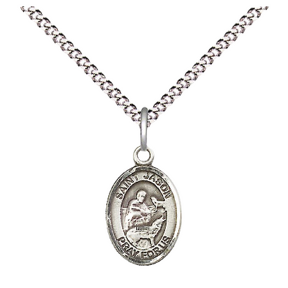 Small Sized Women's .925 Sterling Silver Saint St. Jason Medal Pendant on 18 Inch Rhodium Plated Lite Curb Brass Chain with Lobster Claw Clasp, Catholic Religious Necklace - Made in USA- Velvet Gift Box