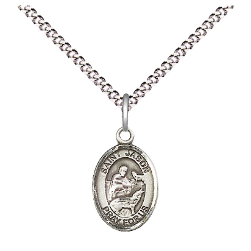 Small Sized Women's .925 Sterling Silver Saint St. Jason Medal Pendant on 18 Inch Rhodium Plated Lite Curb Brass Chain with Lobster Claw Clasp, Catholic Religious Necklace - Made in USA- Velvet Gift Box