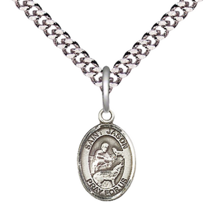 Everlasting Light Jewelry Small Sized Men's Pewter Saint St. Jason Medal Pendant on 24 Inch Endless Rhodium Plated Heavy Curb Brass Chain, Catholic Religious Necklace - Made in USA- Deluxe Velvet Gift Box