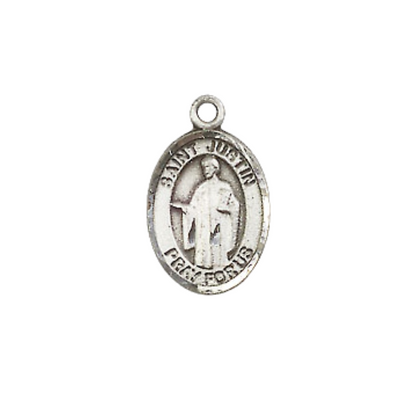 Small Sized Women's Pewter Saint St. Justin Medal Pendant on 18 Inch Rhodium Plated Lite Curb Brass Chain with Lobster Claw Clasp, Catholic Religious Necklace - Made in USA- Velvet Gift Box