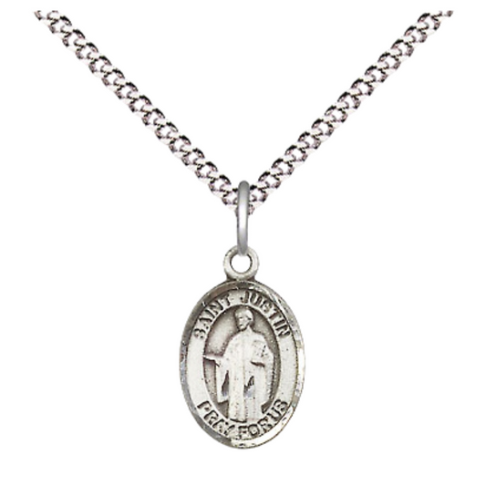 Small Sized Women's .925 Sterling Silver Saint St. Justin Medal Pendant on 18 Inch Rhodium Plated Lite Curb Brass Chain with Lobster Claw Clasp, Catholic Religious Necklace - Made in USA- Velvet Gift Box