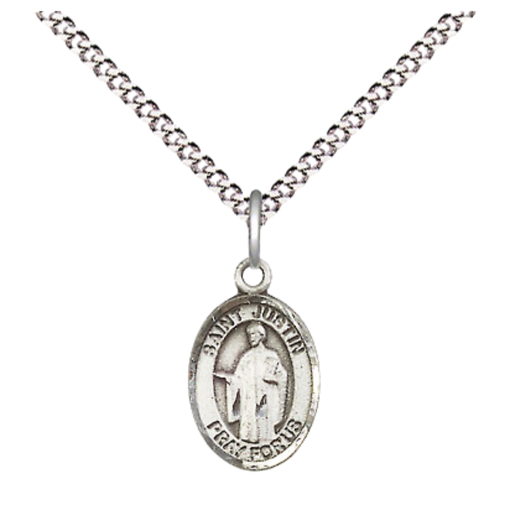 Small Sized Women's Pewter Saint St. Justin Medal Pendant on 18 Inch Rhodium Plated Lite Curb Brass Chain with Lobster Claw Clasp, Catholic Religious Necklace - Made in USA- Velvet Gift Box
