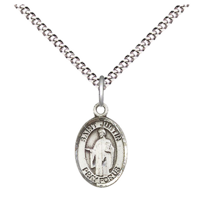 Small Sized Women's Pewter Saint St. Justin Medal Pendant on 18 Inch Rhodium Plated Lite Curb Brass Chain with Lobster Claw Clasp, Catholic Religious Necklace - Made in USA- Velvet Gift Box