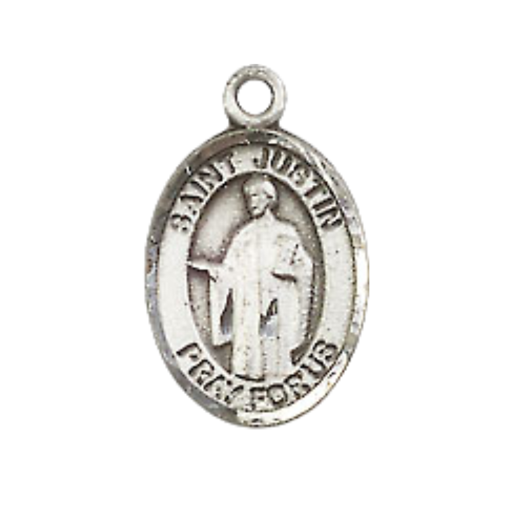 Small Sized Men's .925 Sterling Silver Saint St. Justin Medal Pendant on 24 Inch Endless Rhodium Plated Heavy Curb Brass Chain, Catholic Religious Necklace - Made in USA- Deluxe Velvet Gift Box