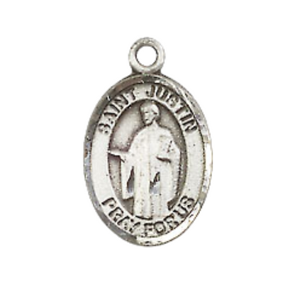 Small Sized Men's Pewter Saint St. Justin Medal Pendant on 24 Inch Endless Rhodium Plated Heavy Curb Brass Chain, Catholic Religious Necklace - Made in USA- Deluxe Velvet Gift Box