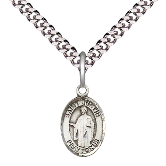 Small Sized Men's Pewter Saint St. Justin Medal Pendant on 24 Inch Endless Rhodium Plated Heavy Curb Brass Chain, Catholic Religious Necklace - Made in USA- Deluxe Velvet Gift Box