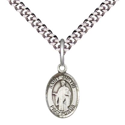 Small Sized Men's .925 Sterling Silver Saint St. Justin Medal Pendant on 24 Inch Endless Rhodium Plated Heavy Curb Brass Chain, Catholic Religious Necklace - Made in USA- Deluxe Velvet Gift Box